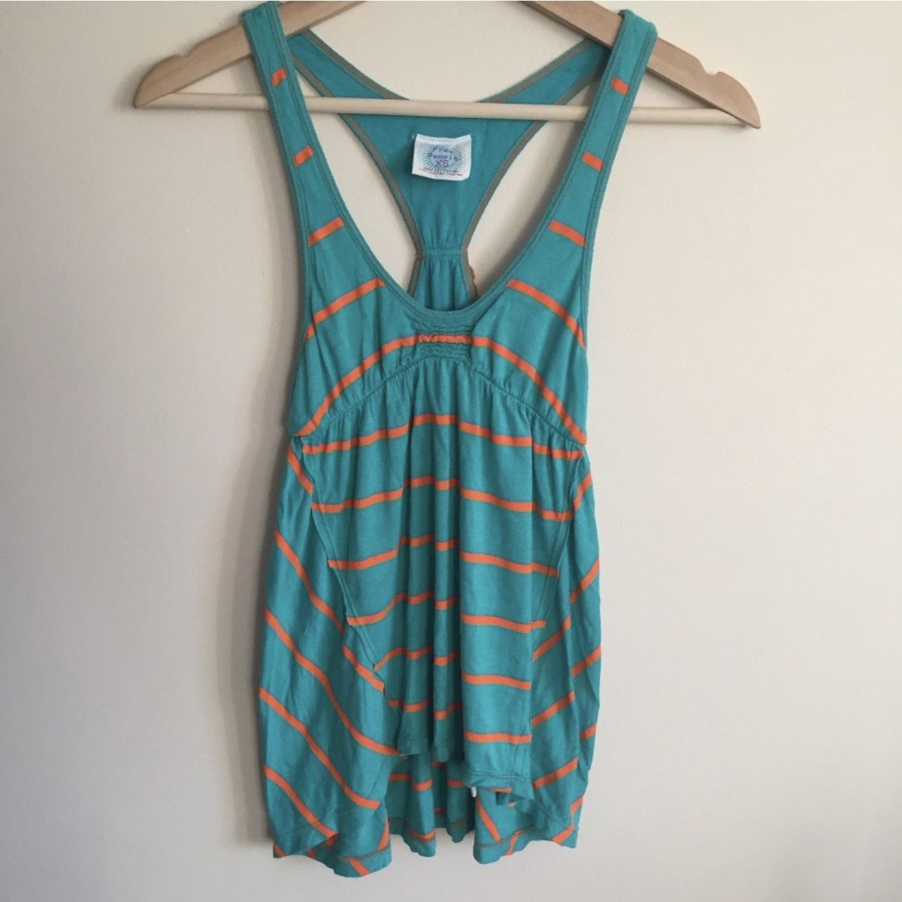 FREE PEOPLE Vintage Y2K Teal Green Orange Stripe Deep V Neck Racerback Tank Top