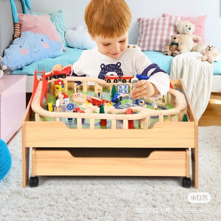 Train Table, 100 Pieces Kids Wooden Activity Table Playset with Storage Drawer