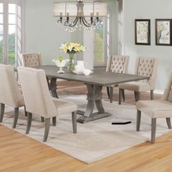 Large Wooden Dining Table With Linen Tufted Chairs Available In Grey Or Beige