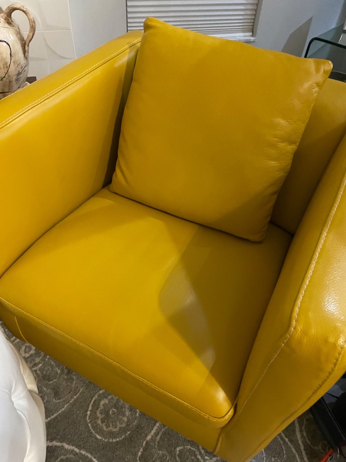 Two Yellow Leather Chairs And Matching Pillows