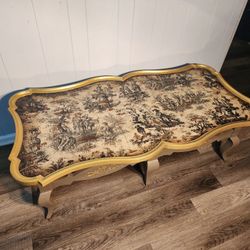 French Country Provincial Toile Coffee Table /Restored with Resin Top