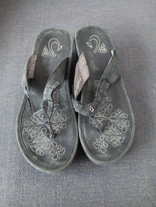 Olu Kai Women Pale Lio Black Wedge Platform Flip Flops Sandals Shoes US 9