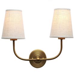 PERMO Vintage Double Sconce Large Antique 2-Lights Sconces with Flared Funnel Linen Beige Fabric Shade Hardwired Double Wall Sconce E26 Base