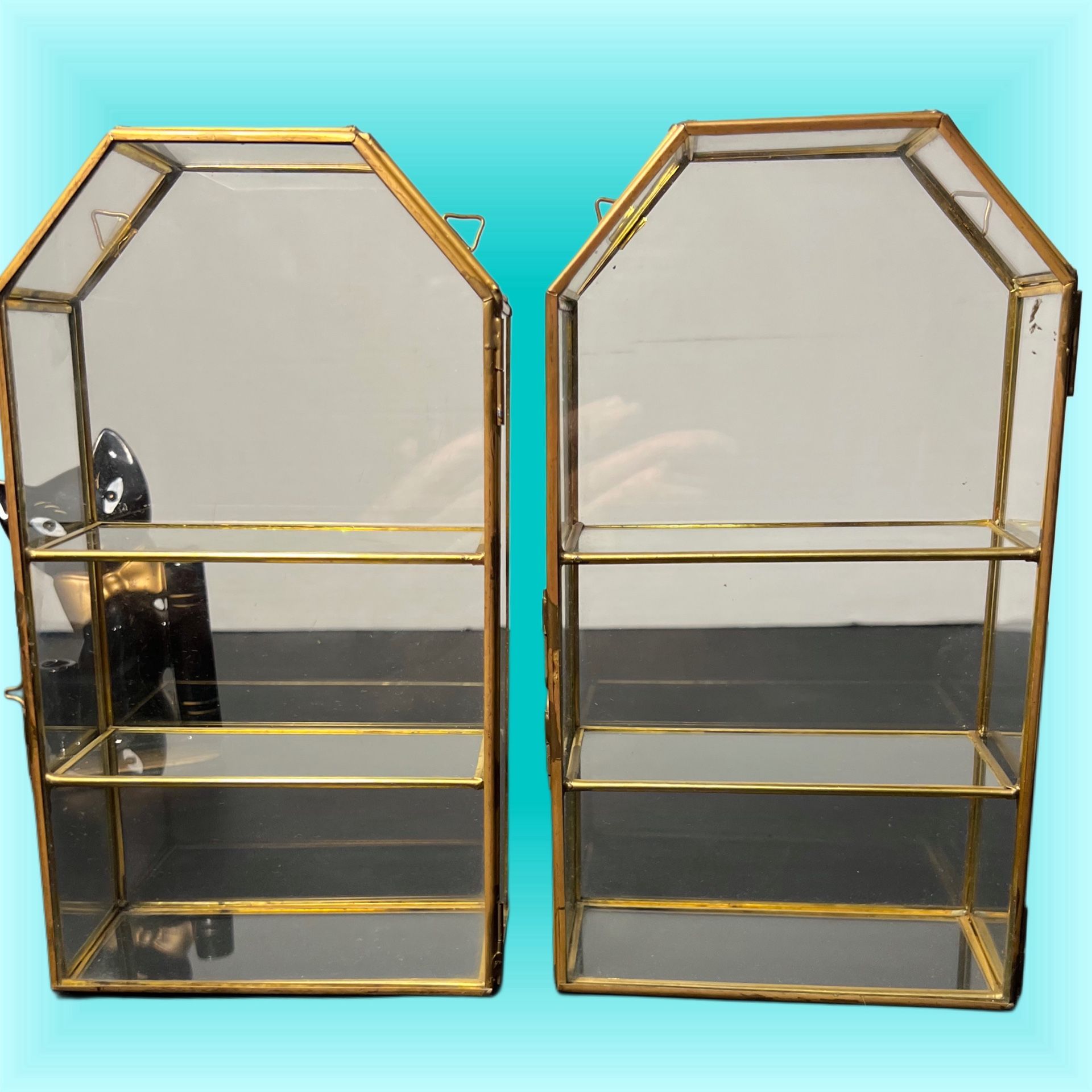 Vintage 1980s 2 Brass & Glass Wall-Mount Display Cabinets, 5.25x2.5x9.5”