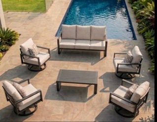 Aluminum patio set brand new inside five boxes aluminum swivel chairs ✅☑️🚎🆕☑️✅
