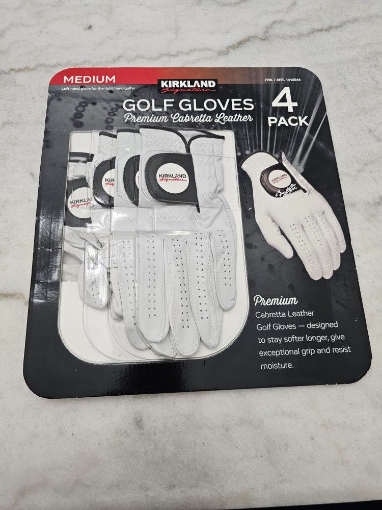 Kirkland Signature Golf Gloves Premium Cabretta Leather white Medium 4 Pack NOB