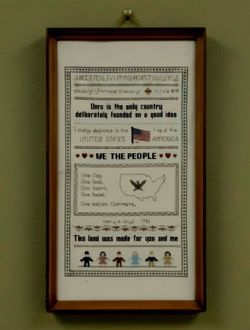Handmade, vintage Framed ,Done  Americana-themed cross-stitch by Mary A. Lloyd.