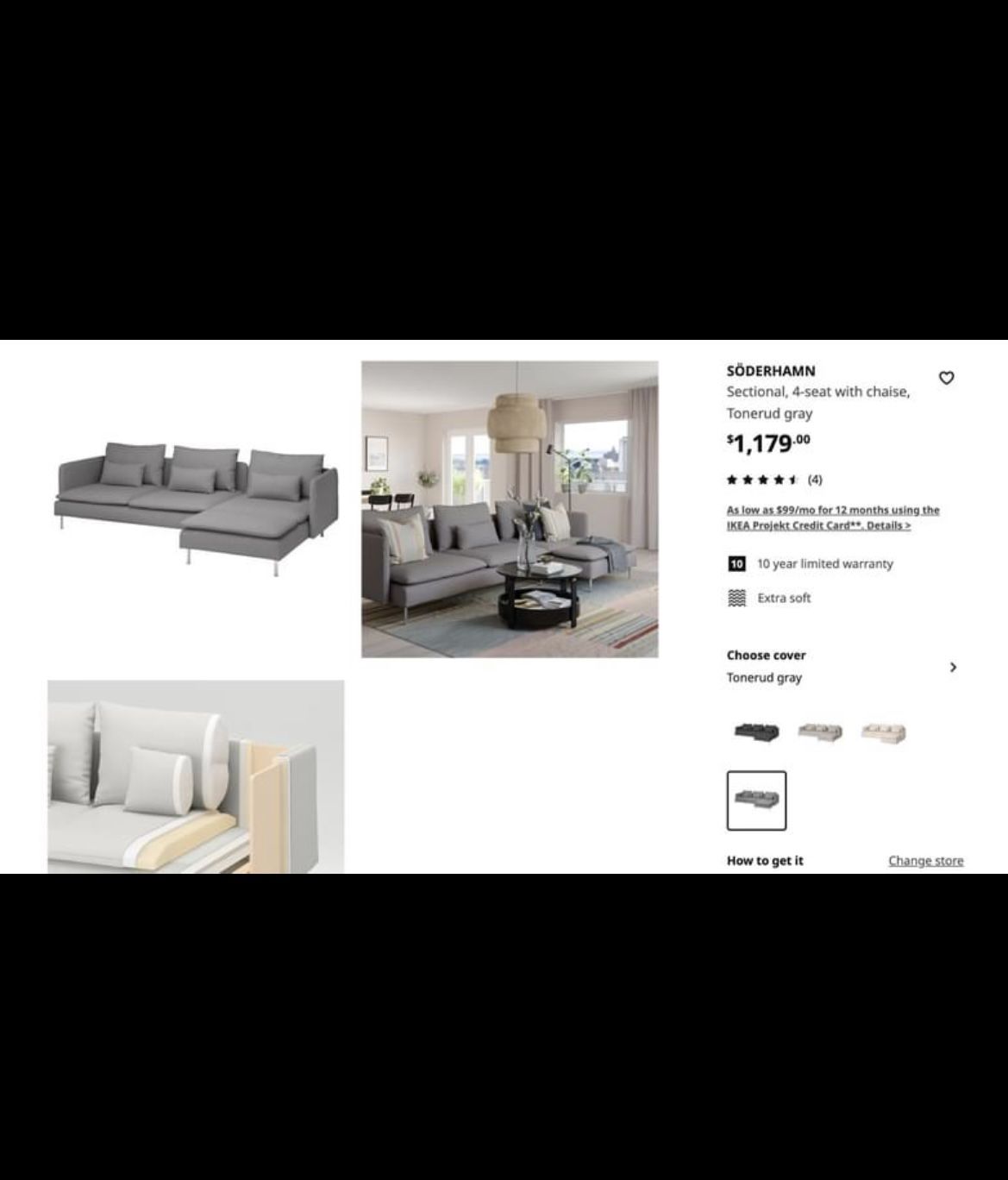Ikea Sofa SÖDERHAMN Sectional, 4-seat with chaise, Tonerud gray