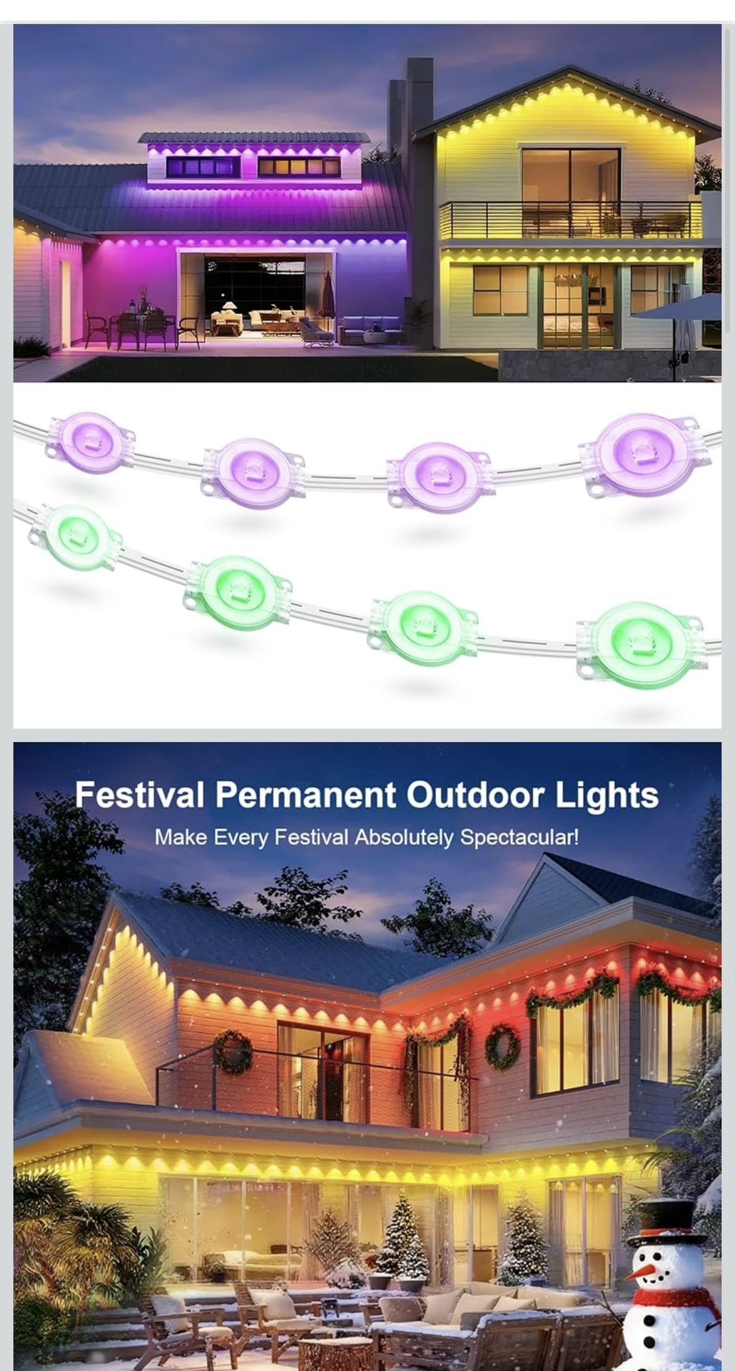 Luces permanentes para exteriores de 150 pies para casa, luces LED RGB inteligentes  con control remoto de aplicación, IP67 impermeable, a