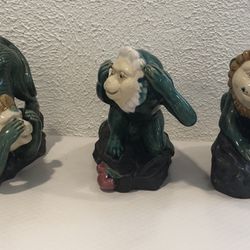 A Collection Of 3  Vintage Ceramic Monkeys , See No Evil , Hear No Evil , Speak No Evil 9” Tall And 7” W