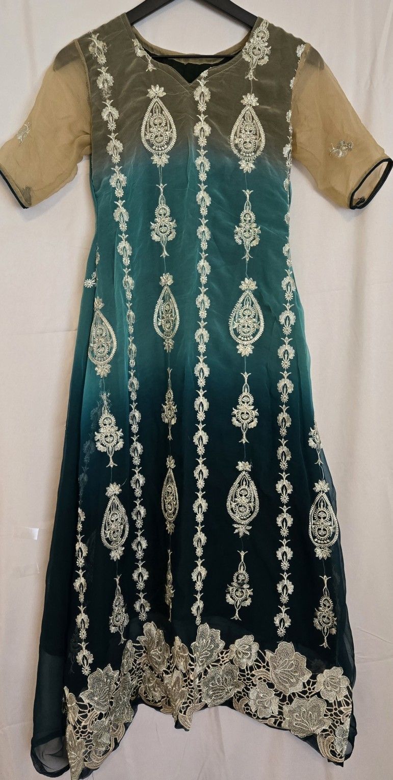 Green & Biege Embroidered Dress