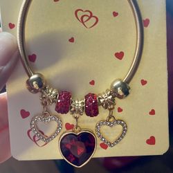 Gold Tone Heart Charm Bracelet with Red Rhinestones Dangle