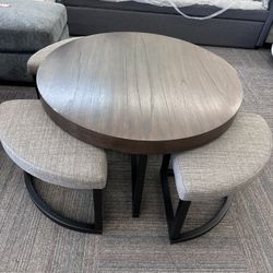 Round Wood and Metal Coffee Table 5 Piece Set with Stools Underneath, Black, New