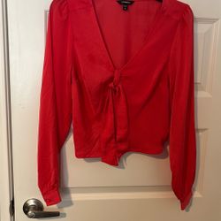 Burnt Orange Crop Top With Bow Buttons On Sleeve Long Sleeves