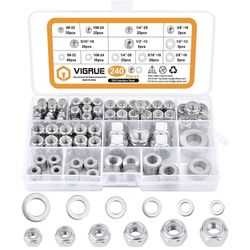 New 240 Pcs 304 stainless steel Lock Nut Assortment [1/4"-20,3/8"-16,5/16"-18,1/2"-13,#10-24,#8-32], 304 Stainless Steel Nylon Insert Hex Lock Nuts & 