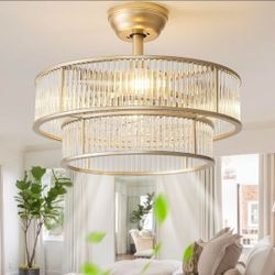 Gold Fandelier Ceiling Fans with Lights, 20" Gold Crystal Chandelier Ceiling Fan with Light Remote Control, Caged Mid Century with 6 Speeds for Bedroo