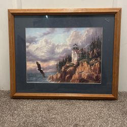 Vintage Lighthouse And Eagle Matted And Framed 