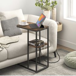 Yoobure C Shaped End Table with Charging Station for Living Room, Bedroom, Sofa Table with USB Ports and Outlets for Small Spaces, C Couch Rustic Snac