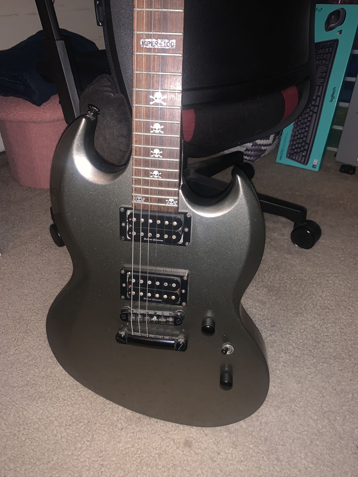 ESP LTD Viper 100 Metallic Gunmetal Silver Electric Guitar With Skull Inlays