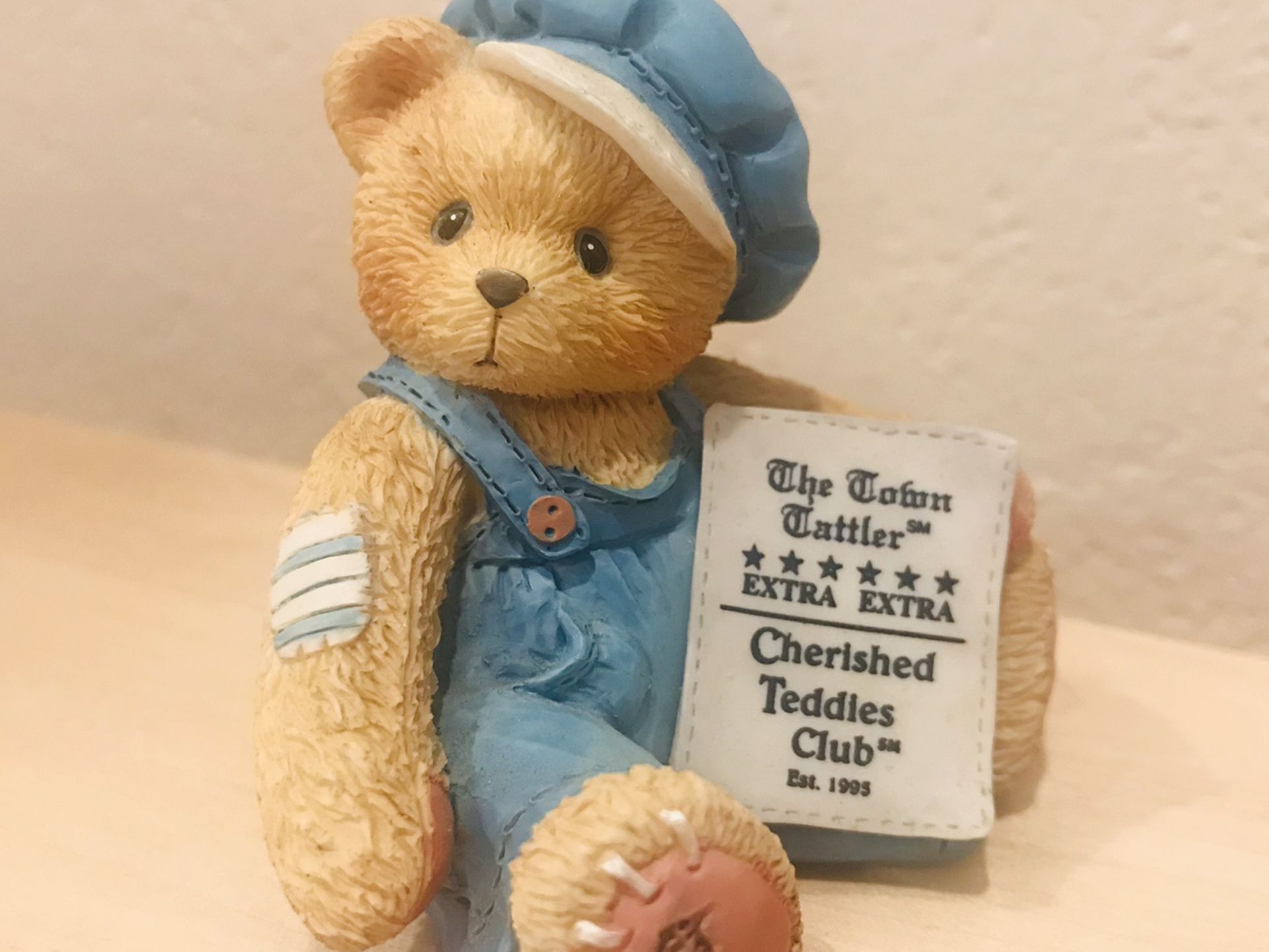 Cherished Teddies Cub E. Bear "Bear with Newspaper" - 1995 Membership Figurine.