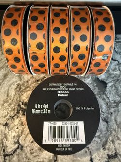 6 Rolls Of Orange And Black Polka Dot Ribbon 