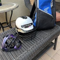 Girls baseball helmet and catcher face mask plus equipment bag