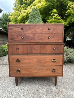 Mid Century Vintage Walnut Tallboy Dresser 