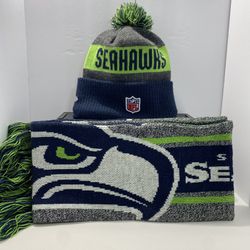 Seattle Seahawks Knit Scarf NWT and Fleece Beanie Combo Hat Cap NFL