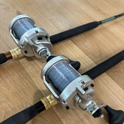 PAIR of Shimano SpeedMaster 25 LD II 2-Speed Lever Drag Rods & Reels