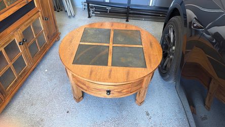 Broyhill Coffee Table, honey oak with slate accents, two drawers