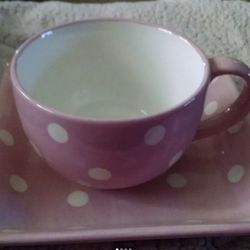 Pampered Chef “Help Whip Cancer” Soup Bowl N Plate.  Pink With White Dots