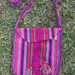 Mexican Crossbody Bag Bohemian style Pink Aztec triangle/w Multicolored Fringe