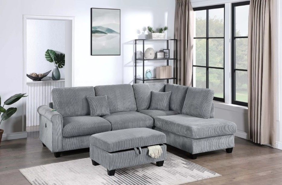 Elegant No Tax 3-Pc Corduroy Convertible Sectional Sofa With Storage Ottoman And USB Port