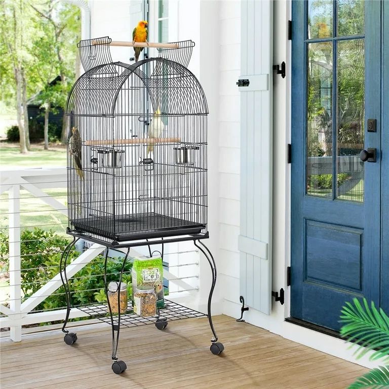 59'' H Open Top Rolling Metal Bird Cage, Black