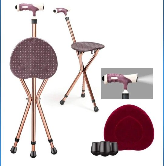 GoPlus Walking Cane W/ Seat Heavy Duty Aluminum Alloy Crutch Chair W/ LED Light Retractable 3 Legs Portable Anti-slip Seat