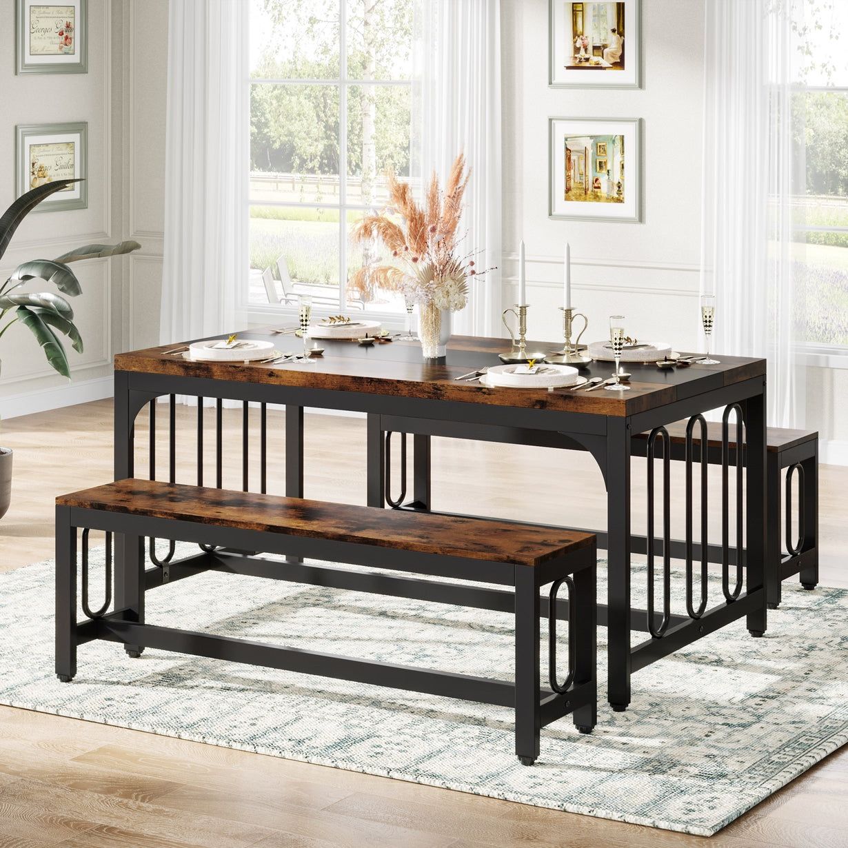 Dining Table Set, 3-Piece Kitchen Table with 2 Benches for 4-6 People