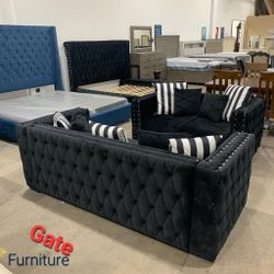 MOSBY BLACK VELVET SOFA & LOVESEAT