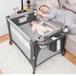 Baby Bassinet Bedside Sleeper,5 in-1 Pack and Play Portable Crib for Baby,Multifunction Bedside Crib from Newborn to Toddlers,Diaper Changer,Playard