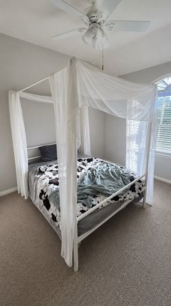 Full size canopy bed frame + mattress & drapes