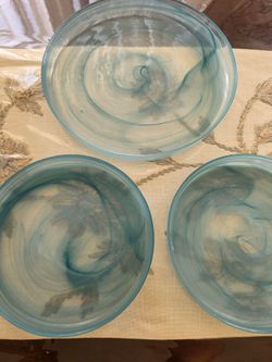 Set of 3 Coastal Blue Art Glass Bowls – Ocean Swirl Decorative Serving Bowls