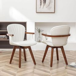 Swivel Dining Room Chairs Set of 2, Mid Century Modern White Faux Leather Kitchen Chair with Arms