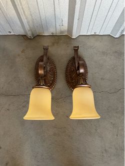 Pair of Bronze Wall Sconces with Frosted Glass Shades