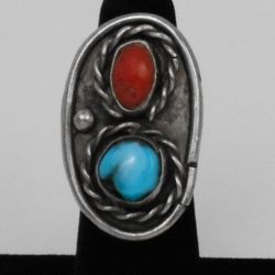 Vintage Coral Turquoise Sterling Silver Estate Ring
