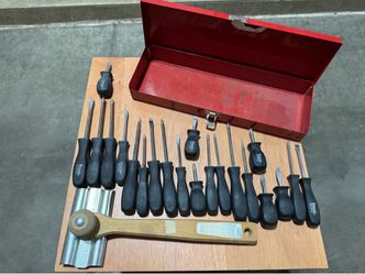 Assorted Pittsburgh Cushion Grip Screwdrivers + Masonry Razor Scraper Tool + Tool Box