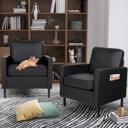 Black Faux Leather Accent Chair Set of 2 with Arms, Modern Small Accent Office Chair Set of 2, Occasional Chair for Living Room Bedroom with Metal Leg