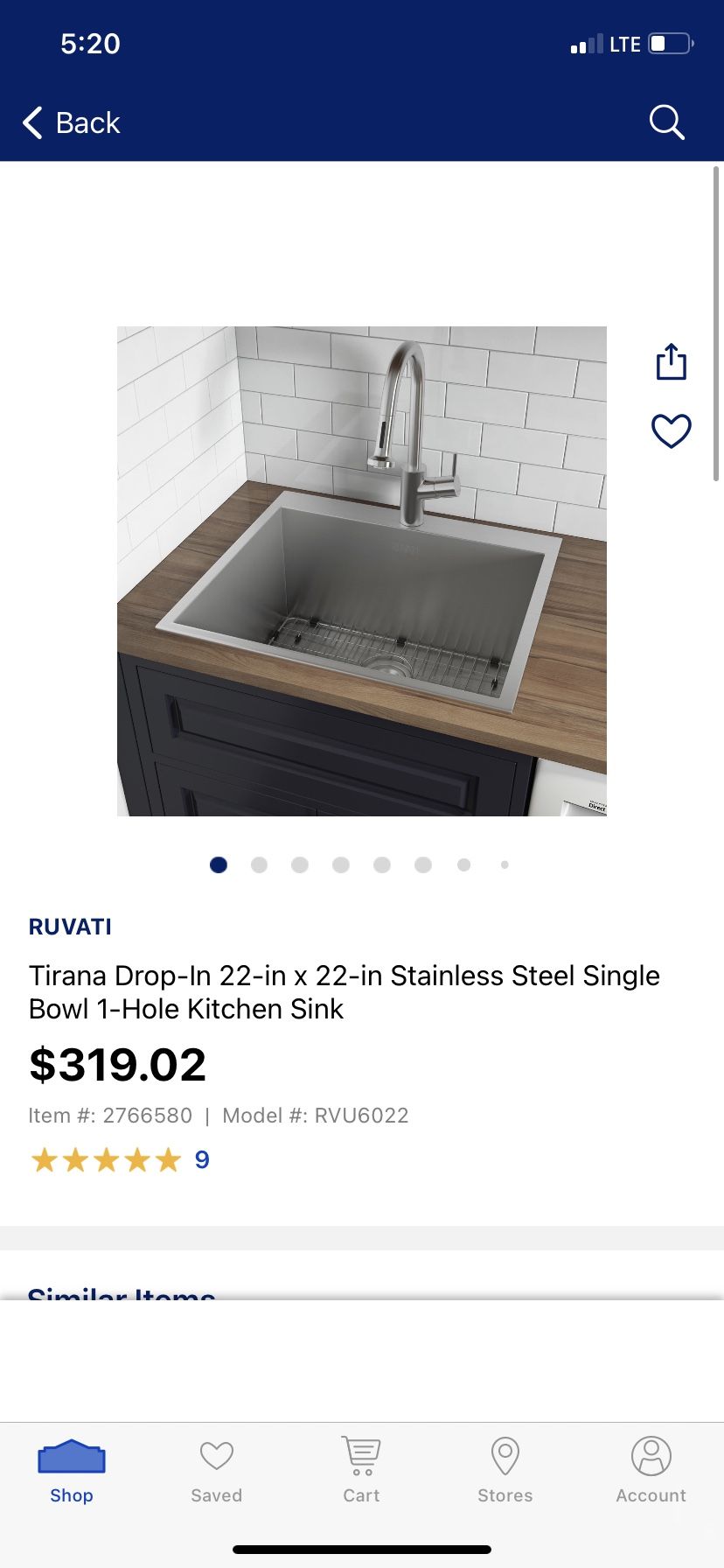 Brand New UNOPENED In Box Ruvati Utility Drop In Sink 22x22x12