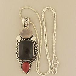 Black Onyx, Coral, Rose Quartz 925 Sterling Silver Plated Handmade Pendant with Chain Jewelry