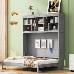 Polibi Gray Wood Frame Queen Murphy Bed with Top Shelves and USB