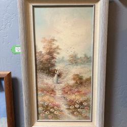 Signed Lady & Flowers Painting w/ Blue Frame