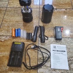 Lot Of Camping Lanterns(2×lamp,2×flashlight,3×batteries ,muti Charger, Battery Tester)